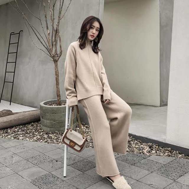 トップス パンツ ボトムス ニット セーター セットアップ レディース ロング 長袖 ハイネック ストレート フェミニン ニット かわいいの通販は