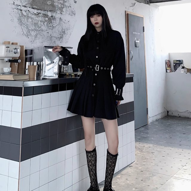 スカート ワンピース レディース シャツワンピ 前開き プリーツスカート ミニスカート ミニ ショート 膝上 長袖 襟付き プリーツ ベルトの通販は