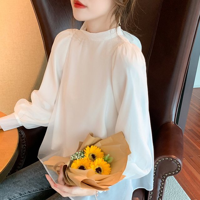 トップス シャツ プルオーバー ミディアム丈 長袖 ハイネック バックリボン シースルー かわいい 大人可愛い きれいめ シンプル 上品の通販は