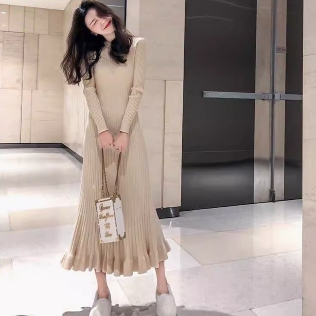 ワンピース レディース フレア ニットワンピ ロング 長袖 ラウンドネック フレア Aライン フェミニン フリル ニット かわいい 大人可愛い