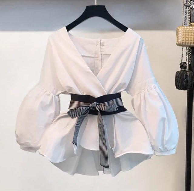 トップス ブラウス カットソー レディース 丈長 長袖 Vネック ワイド 細身 フェミニン ウエストマーク ウエストリボン ハイウエストの通販は 5,096円