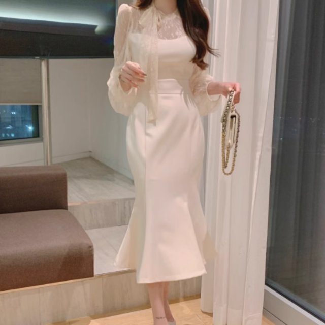 ドレス ワンピース パーティー 結婚式 二次会 披露宴 演奏会 発表会 ステージ 舞台 フォーマル ミモレ 長袖 パフスリーブ マーメイドの通販は 11,280円