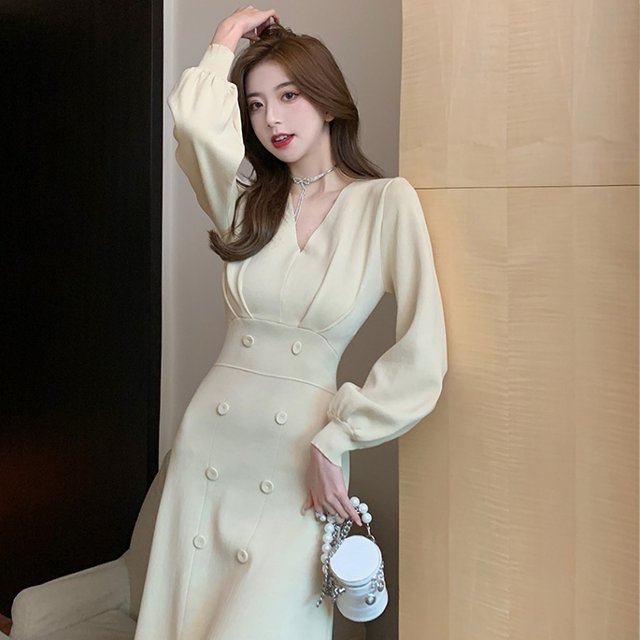 ワンピース ミディアム丈ワンピース ワンピースドレス 長袖 ボリューム袖 Vネック ウエストマーク セミフレア かわいい 大人可愛いの通販は 5,206円