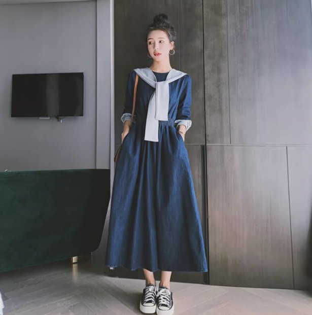 ワンピース レディース デニム ドレス ミモレ 長袖 ラウンドネック Aライン フェミニン ハイウエスト ブルーデニム 中厚手 大人可愛いの通販は
