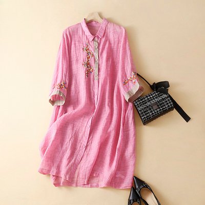 2way シャツ ロングシャツ ワンピース ミニワンピース 7分袖 ラウンドネック 前開き ボタン ポケット 刺繍 かわいい 大人可愛い きれいめ 5,480円