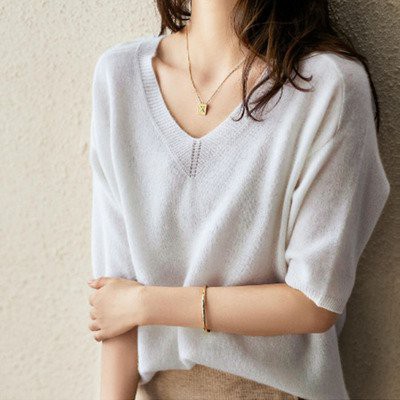トップス ニットソー プルオーバー 5分袖 Vネック ニット かわいい 大人可愛い きれいめ シンプル 上品 おしゃれ かっこいい レトロ ラフの通販は