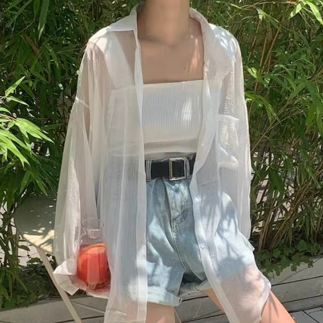 日焼け防止 アイスシルク トップス シャツ ブラウス 上着 レディース 羽織 前開き 長袖 襟付き ワイド ポケット 透け感 シースルーの通販は 6,480円