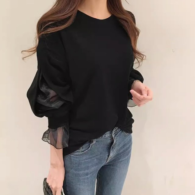 トップス セーター レディース 長袖 フリル袖 ラウンドネック フェミニン フリル 透け感 シースルー 切り替えデザイン ドッキング 5,561円