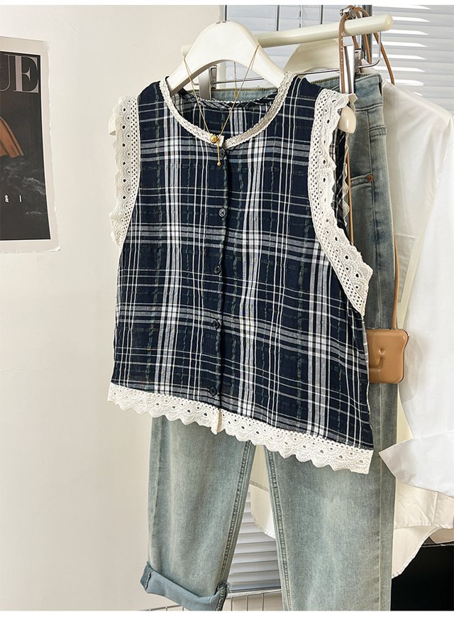 レディース トップス シャツ ブラウス ノースリーブ ラウンドネック 襟なし レース 前開き ボタン かわいい カジュアル おしゃれの通販は 6,480円