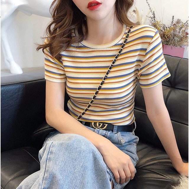 トップス Tシャツ ショート 半袖 スリム かわいい おしゃれ ガーリー キュート 学生風 ストライプ 6,480円