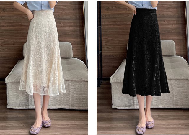 レディース スカート 膝下 Aライン レース ハイウエスト 薄手 大人可愛い シンプル 上品 ガーリー 無地 春 秋 OL 通勤 デート お出かけの通販は 6,347円