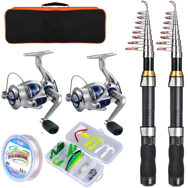 Campfun 釣りセット 初心者 2本の2.1M釣り竿セットフィッシング 海釣りセット コンパクトロッド 入門セット 炭素ロッド 携帯便利 軽量 釣り糸付 ルアーセット付き