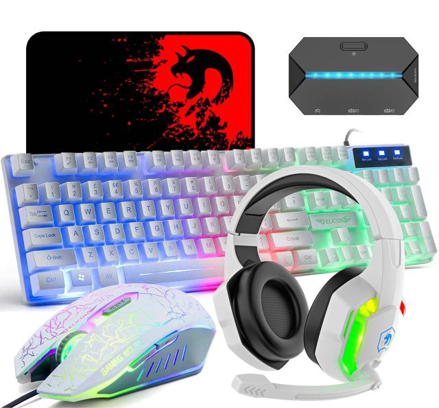 ホワイト＋ヘッドセット＋コンバーター Mamba snakeゲーミングキーボードマウスヘッドホンコンバーターセット USBメンブレン式 有線 防水多機能マルチメディアキー 2400DPI調整なマウス 6つのボタン マウスパッド付き ゲーミングヘッドセット RGBライト 有線 コンバーター コ
