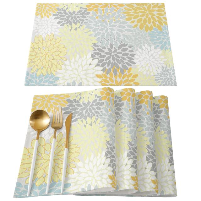 33x48cm x 4 枚_Autumn ThanksgivingVJP6733 ダリア ランチョンマット コットンリネン 4枚セット おしゃれ 北欧 テーブルマット 綿 麻 プレースマット 撥水 防汚 丸洗い お手入れ 簡単 滑り止め 摩擦 耐える 断熱 食卓飾り 給食ナフキン 布製 キッチンマット 花柄 黄色 グレーの通販は 5,389円