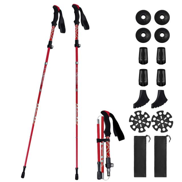 レッド Besince トレッキングポール 2本セット 7色 折りたたみ 超軽量 T型 五段式 トレッキングステッキ アルミ製 スティック トレッキング ウォーキングポール 伸縮 山登り 杖 軽量295g 登山杖 身長160〜185cmに適用 アウトドア (レッド)の通販は