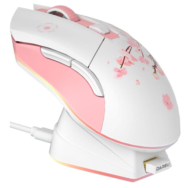 桜ピンク DAREU ゲーミングマウス 無線 桜色/ピンク ワイヤレス2.4G/有線USB接続可能 超軽量85g 人間工学 可愛いサクラ 12000DPI 充電ドック付き プログラム可能 EM901X【間メーカー】