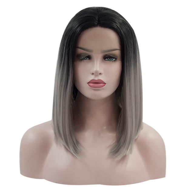 グレー VOCOSTE レースフロントウィッグ 耐熱性 ミディアムロングストレートボブウィッグ 女の子用 日常使用 14" グレーの通販は