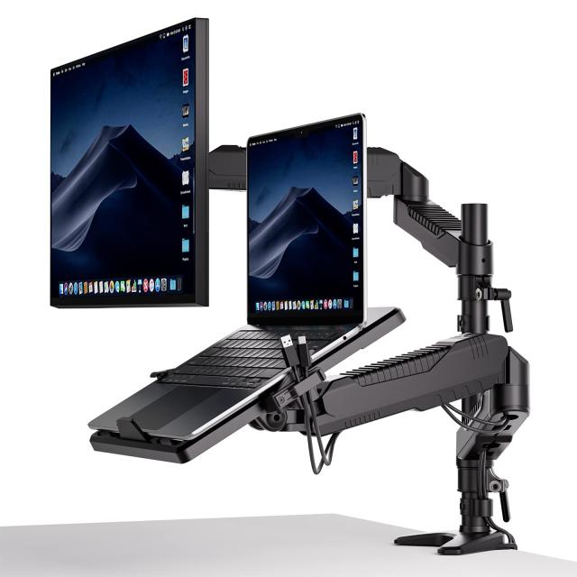 ロボロビン デュアル ノートパソコン/モニターアーム 安定性UP トレイ付き 11-17インチ対応 高度12-60cm 角度自由に調整 ガススプリング グロメット式＆クランプ式 モニターアーム 360度回転 11-17インチパソコン対応 15-27モニター対応 ディスプレイアーム ケーブル収納 耐荷