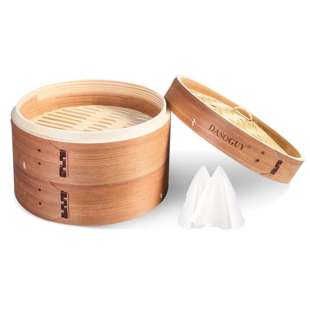 24cm_2層 Dasoguyプレミアムな24cm手作り木製蒸し器、餃子・点心・包子・ご飯・野菜・肉・魚のための2段式蒸しバスケット、日本食に最適、2つの綿のライナー付きの通販は 6,541円