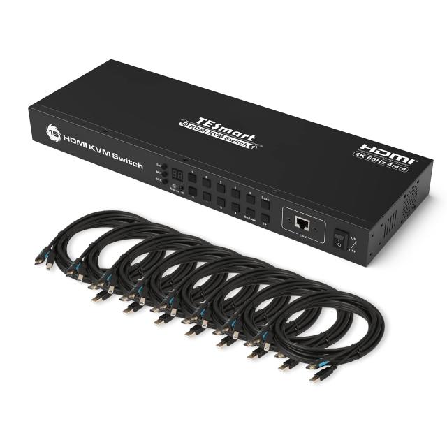 4K@60Hz TESmart 16ポート HDMI KVMスイッチ パソコン16台 モニター1台切り替え KVM切替器 RS232ポート LANポート搭載 HDCP2.2 4K@60Hz 自動検出機能 EDID機能対応 リモコン/ホットキー切り替え可能