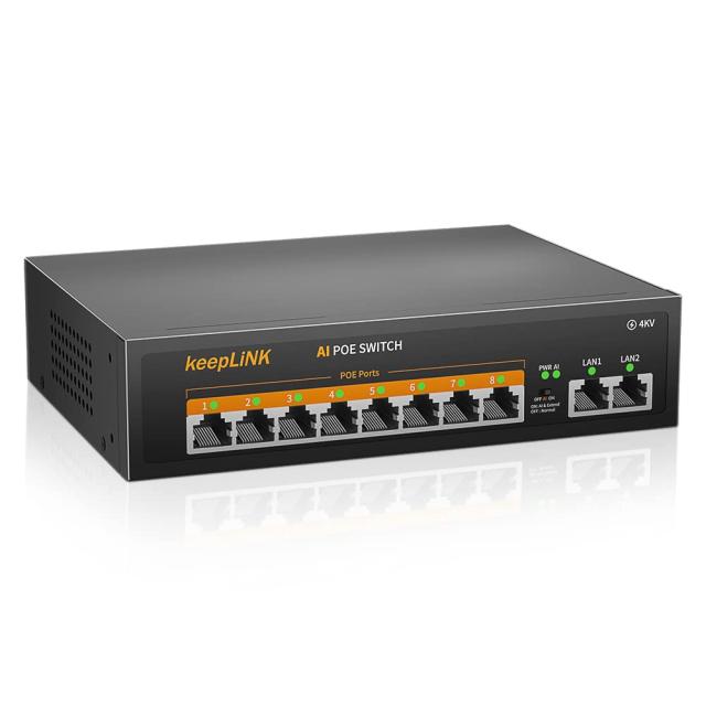 10 Port PoE keepLiNK 10ポート PoE スイッチングハブ 10/100Mbps (8ポートPoE+ 120W) 静音ファンレス 金属筐体 省電力設計