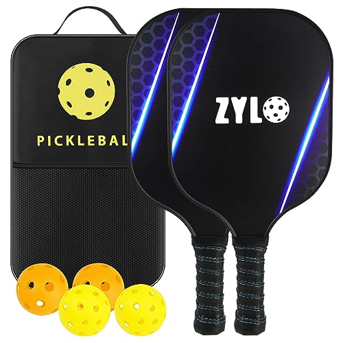 ブルー（炭素繊維） zylo ピックルボール ラケットセット 軽量 炭素繊維 カーボン繊維 ２個セット ボール４個付き 屋内室外兼用タイプ パドル 初心者 収納キャリーバッグ付き 耐久性 競技用ラケット 人体工学に基づくデザイン（ブラック）