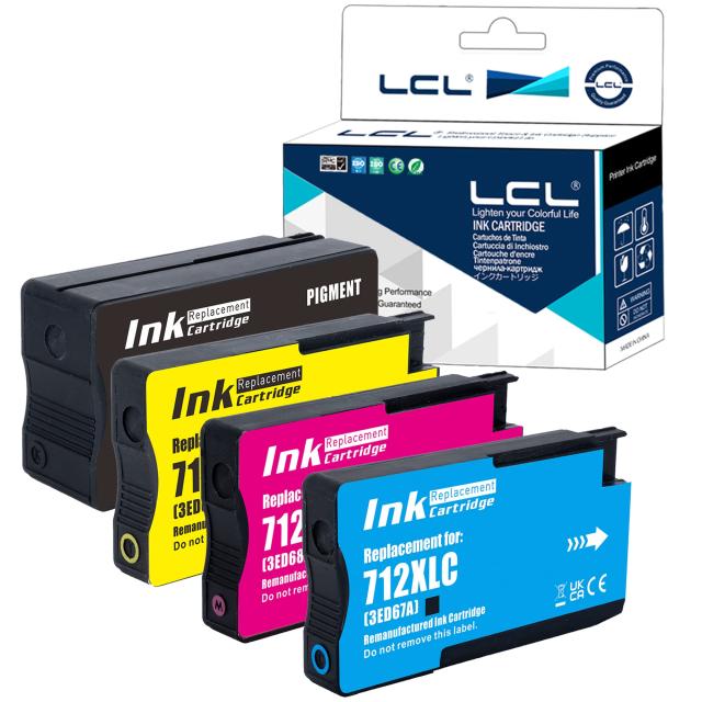 LCL HP用 712 712XL 80ML+3 * 29ML 大容量 3ED70A 3ED71A 3ED67A 3ED68A 3ED69A T650 T630 T250 T230 T210 顔料 (4色セット) 再生インクカートリッジ 対応機種：DesignJet Studio T650 T630 T230 T210 T250