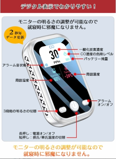 【20%超還元セレクト】一酸化炭素チェッカー キャンプ 一酸化炭素 濃度 チェッカー 警報器 測定 CO検知器 アラーム CO警報機 住宅用 アウトドア 小型 一酸化炭素警報器 安全 ストーブ 冬キャンプ 防災グッズ 一炭素中毒 幕内 暖房 寒い冬 湿度計 車中泊 車内_9