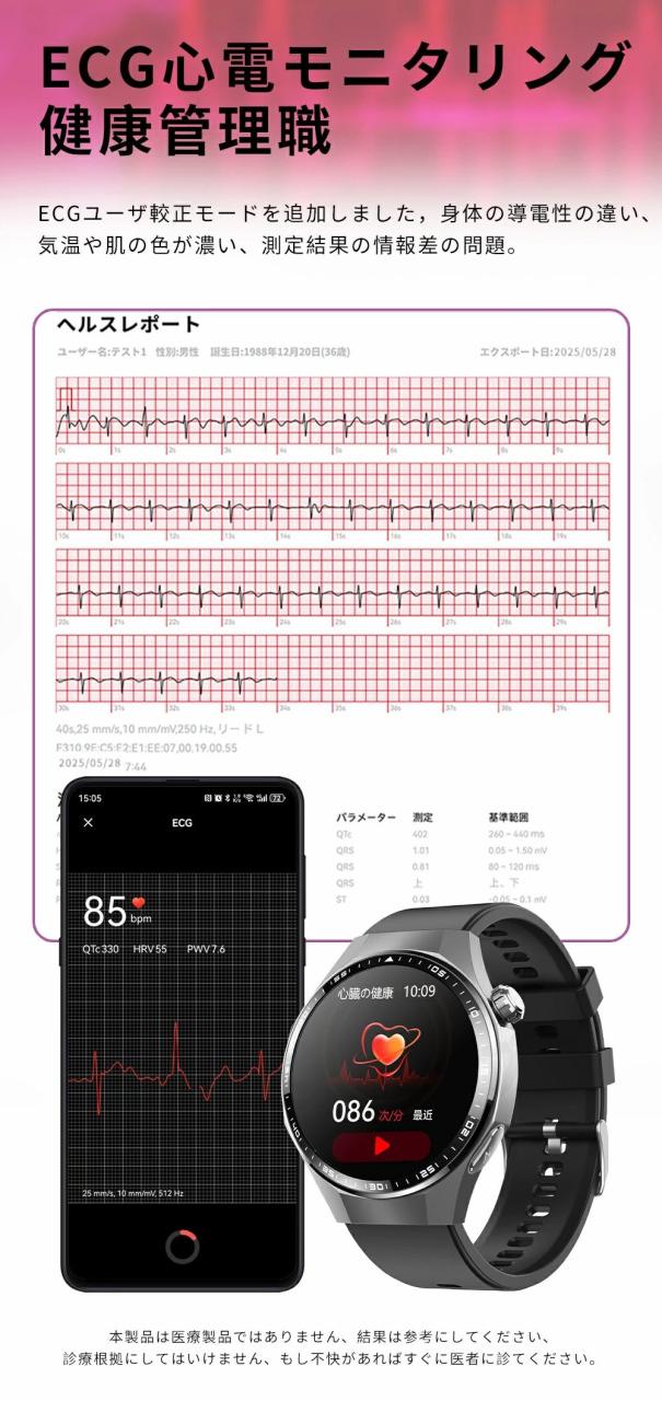 【10%超還元セレクト】【2026年最新型】 スマートウォッチ 日本製 健康管理 血圧 心拍数 血糖値 血中酸素 ECG センサー SOS機能 転倒アラーム 皮膚温度測定 音楽制御 通話機能 1.55インチ 大画面 IP67 日本語対応 iPhone/Android対応 ギフト プレゼント_4