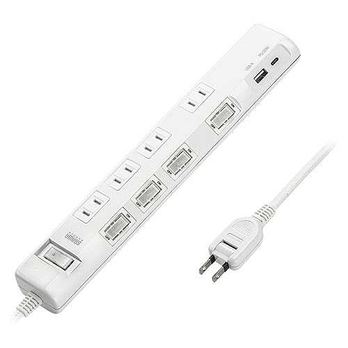 サンワサプライ 節電タップ 2P形状 6個口 1m ホワイト TAP-B108UC-1W (倉庫AN)の通販は