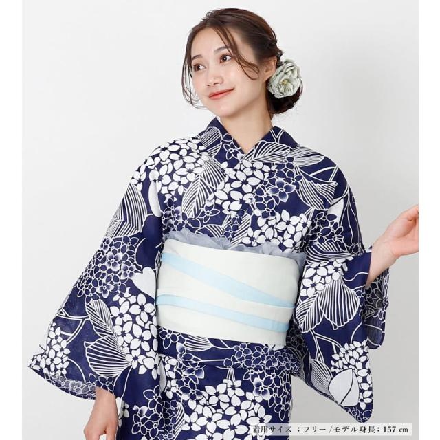 画像の黄色帯付き◇大人ゆかた◇品ある紫陽花（あじさい）紺浴衣◇