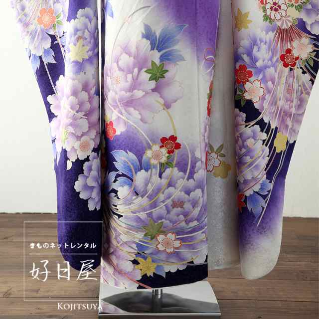 【レンタル】 振袖 フルセット 正絹 適応身長159~174cm 紫 pu-018