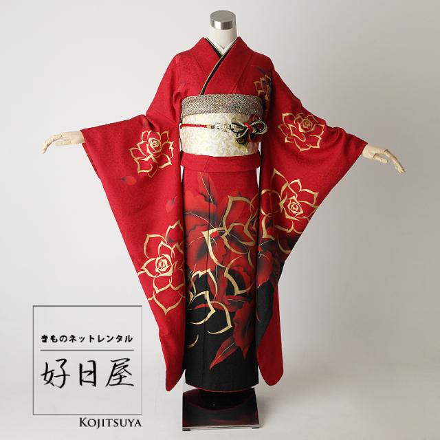 振袖 身長157-172cm オレンジ　薔薇　正絹 振袖 身長157-172cm オレンジ 薔薇 正絹