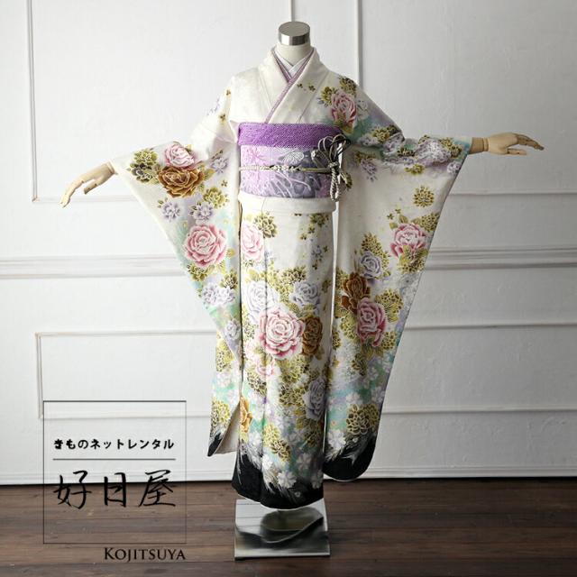 レンタル】【成人式用】 振袖 フルセット 正絹 適応身長153-168cm 白 