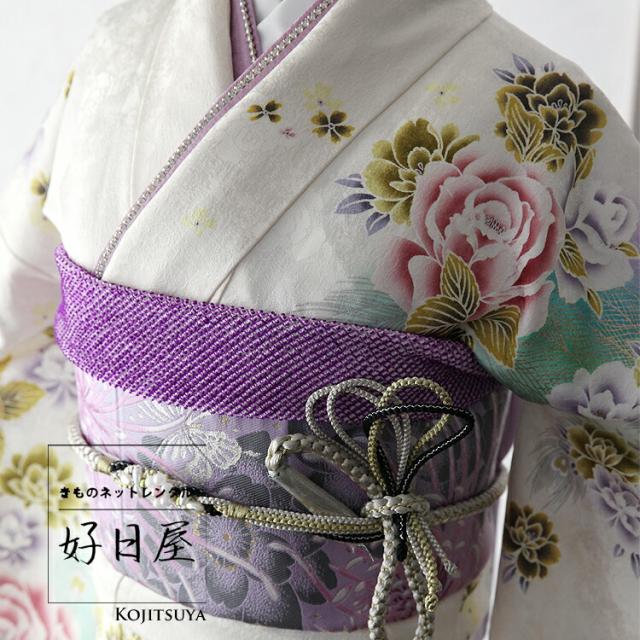 振袖 身長153-168cm 白×ピンク×藤色正絹