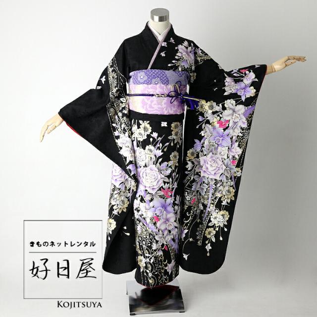 振袖 身長157-172cm 黒 桜　正絹 振袖 身長157-172cm 黒 桜正絹