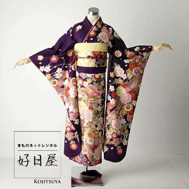 振袖 身長157-172cm 青 紫 ゴールド正絹