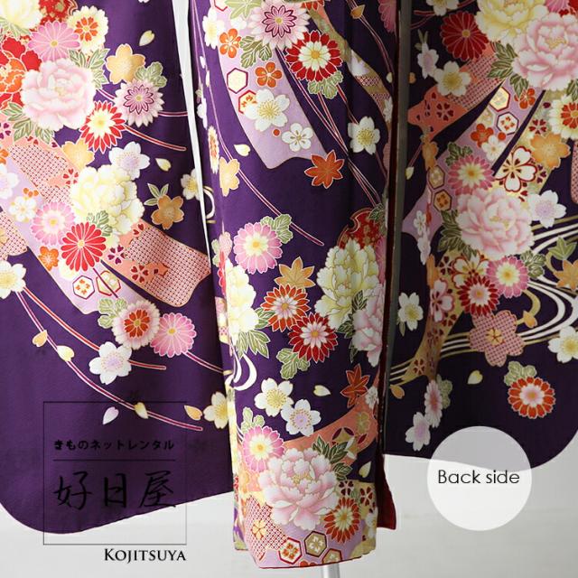 大人 可愛い 服  フルセット 振袖 レンタル】 正絹 pu-009 紫 適応身長151~166cm 着物・浴衣