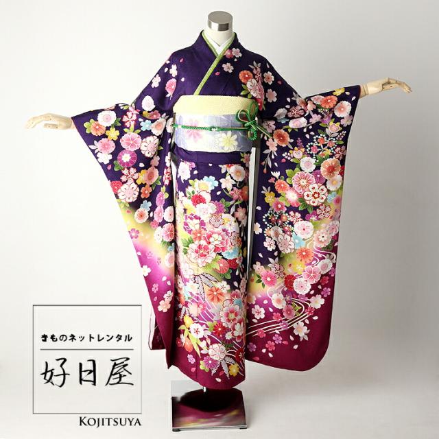 振袖 身長161-176cm 鮮やかグリーン×ピンク　正絹 楽天市場】振袖 身丈161cm 裄丈64cm M 袷 花車 菊 金銀彩