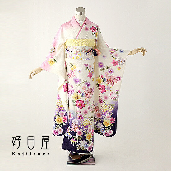 振袖 身長152-167cm 白 紫　桜尽くし　正絹 振袖 身長152-167cm 白 紫桜尽くし正絹