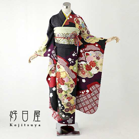 【レンタル】 振袖 フルセット 正絹 適応身長157~172cm 黒 bk-011