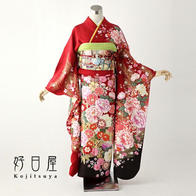 振袖 身長161-176cm 赤 正絹 レンタル】【成人式用】 振袖 フルセット 正絹 適応身長161