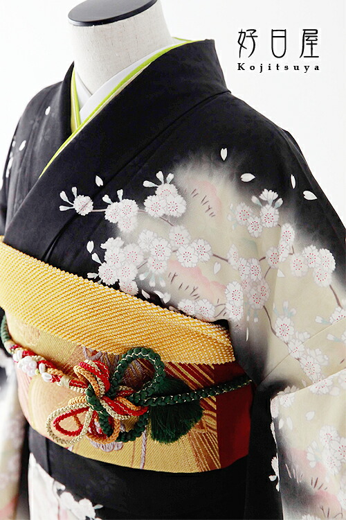 振袖 身長157-172cm 黒 桜　正絹 振袖 身長157-172cm 黒 桜正絹