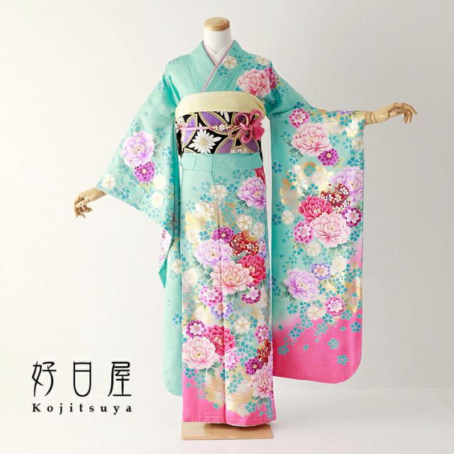 振袖 身長144-159cm 青×水色×金正絹