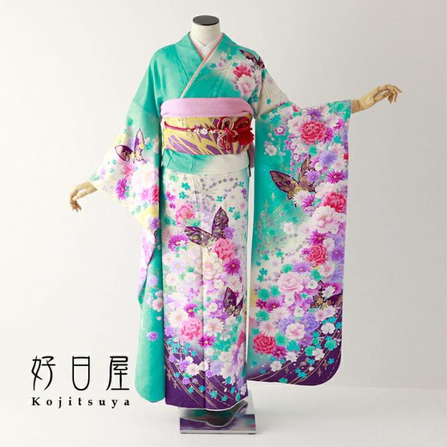 振袖 身長151-166cm 鮮やか緑　正絹 振袖 身長151-166cm 鮮やか緑正絹