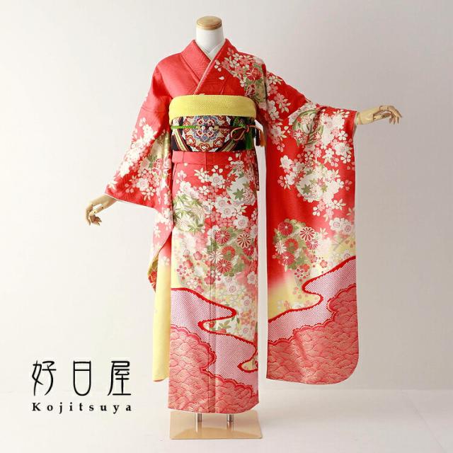 振袖 身長157-172cm オレンジ　薔薇　正絹 振袖レンタル 成人式 フルセット 1月 振袖 レンタル オレンジ