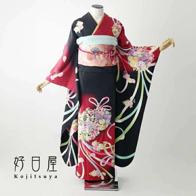 【期間限定】 振袖 桜正絹 黒 身長157-172cm 着物・浴衣