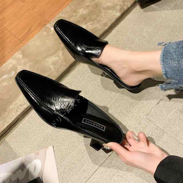 ミュール レディース パンプス かかとなし 痛くない スクエアトゥ チャンキーヒール つっかけ 履きやすい 歩きやすい 走れる 疲れない エレガント 3.5cmヒール ミュールサンダル レディース ヒール 厚底 痛くない パンプス かかと