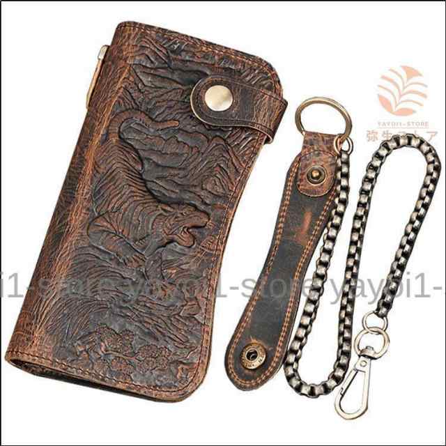 長財布 虎柄 メンズ 本革 ロングウォレット 小銭入れ付き 金属製 チェーン付き ウォレット メッシュレザー ハンドメイド 財布 元気虎 スの通販は 5,264円