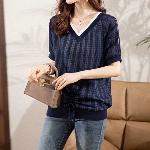 トップス レディース Tシャツ カットソー 袖あり 半袖 Vネック ストレート Iライン ギャザー 立体感 紐 ドロスト かわいい 大人可愛い カの通販は 6,747円